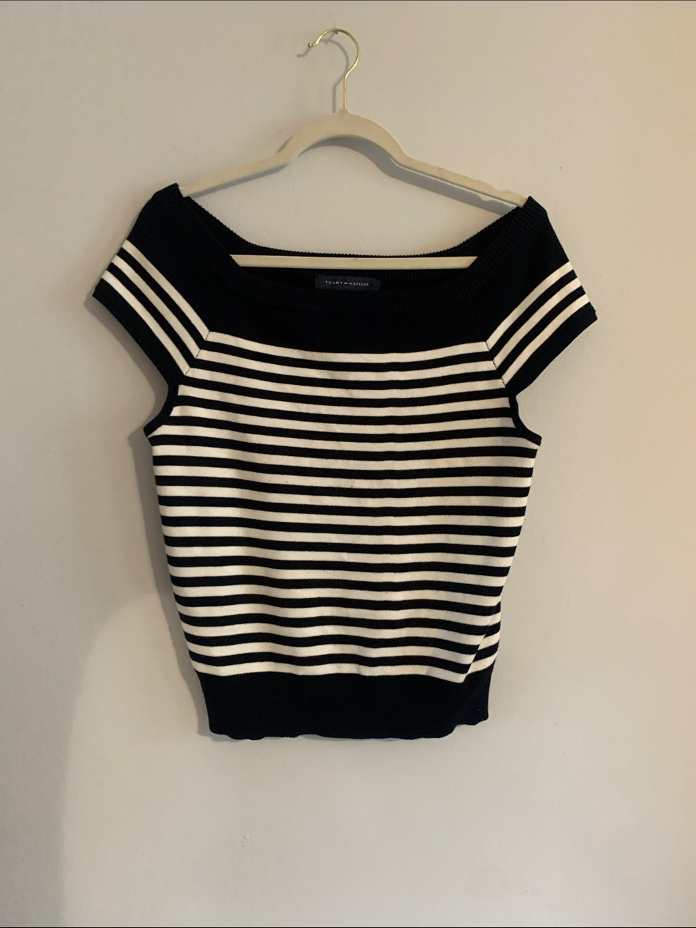 TOMMY HILFIGER Blue & White Striped Off-the-Shoulder Sweater